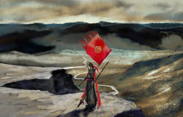 Background, flag, warrior, spear