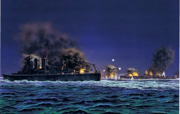 Picture night, figure, art, cruiser, Japanese, sea battle, WW2, linear