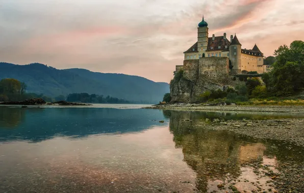 Landscape, mountains, nature, river, castle, morning, Austria, The Danube