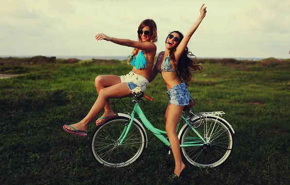 Sea, field, grass, girl, bike, glasses, bikini, smiling