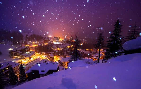 Picture winter, light, snow, trees, mountains, snowflakes, night, the city