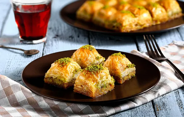 Glass, tea, food, dish, puff, baklava, mini buns, puff pastry