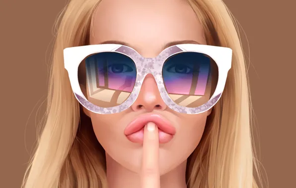 Girl, face, art, glasses, finger, gesture