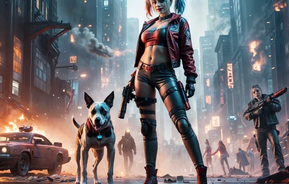 Girl, street, dog, cyborg, Harley Quinn, the image is generated by AI
