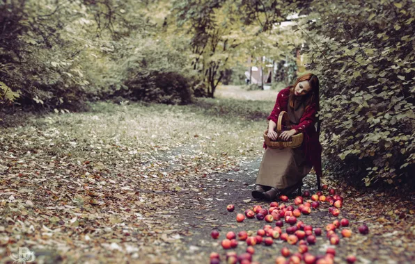Girl, nature, apples