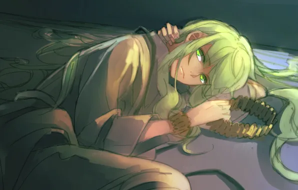 Necklace, a sad look, guy, green hair, green eyes, lying on the floor, white clothes, …