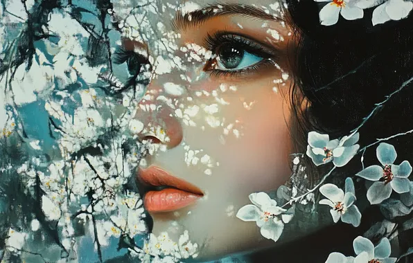 Eyes, girl, flowers, face, brunette, AI art, neural network