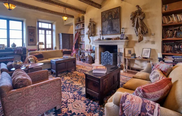 Design, style, castle, interior, piano, fireplace, library, living room