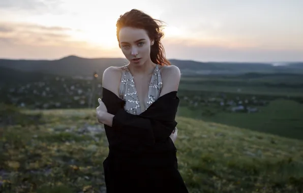 Girl, green eyes, long hair, dress, photo, sunset, photographer, model