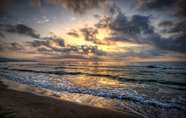 Sand, sea, wave, the sky, clouds, sunset, shore