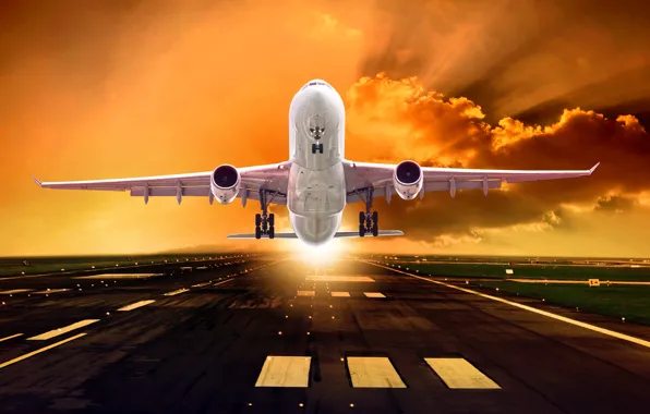 The sky, asphalt, the sun, clouds, rays, lights, the plane, dawn