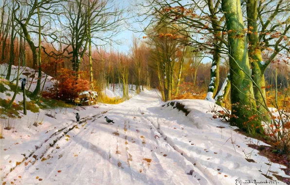 Picture Trees, Snow, Picture, Crows, Peter Merk Of Menstad, Peder Mørk Mønsted, Danish painter, Forest trail …