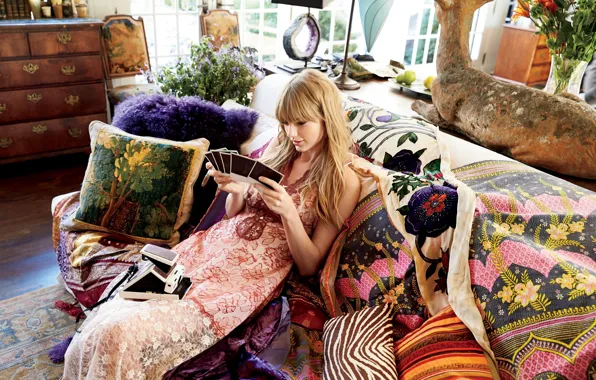 Picture room, sofa, interior, pillow, dress, hairstyle, the camera, blonde