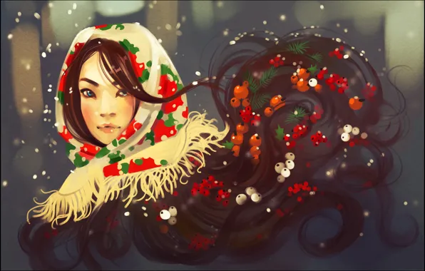 Picture winter, look, girl, face, berries, hair, shawl