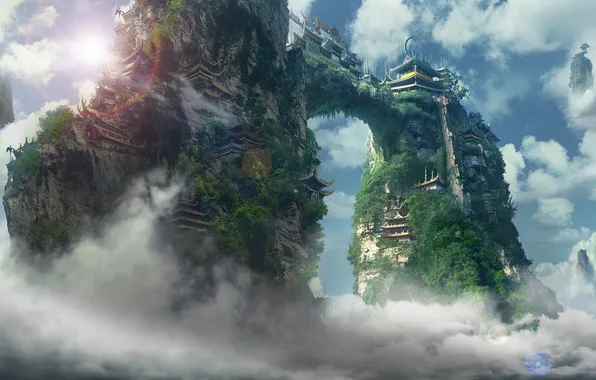 The sky, Islands, clouds, rocks, Asia, building, height, fantasy