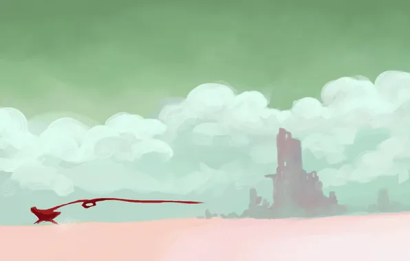 Clouds, desert, the game, running, the ruins, tape, cloak, journey