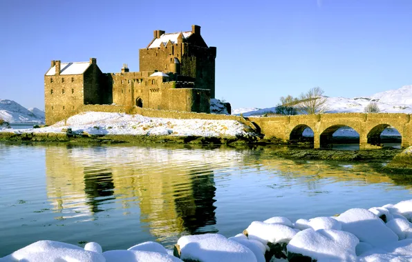 Winter, the sky, snow, bridge, river, castle