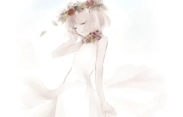 Flowers, the wind, Girl, wreath