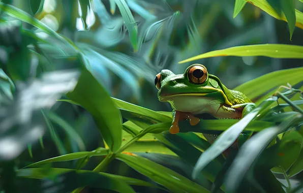 Greens, look, leaves, branches, frog, green, bokeh, AI art