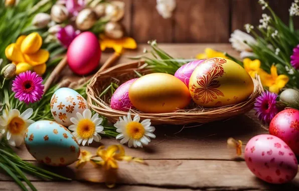 Flowers, eggs, spring, colorful, Easter, happy, flowers, spring