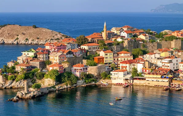 Sea, the sky, the sun, trees, stones, shore, boat, home