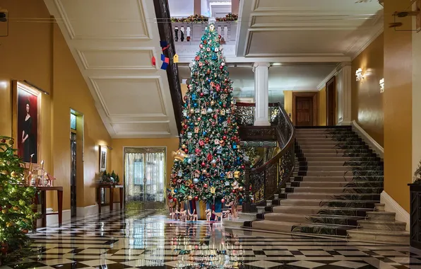 Decoration, Villa, interior, Christmas, ladder, New year, garland, hall