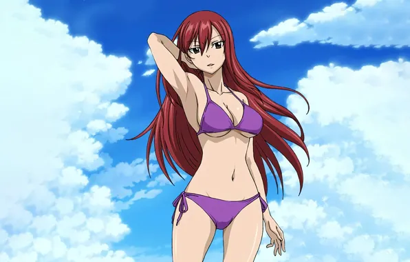 Girl, sexy, cleavage, sky, long hair, brown hair, boobs, anime
