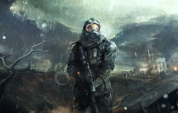Picture clouds, the city, weapons, rain, art, helmet, male, armor