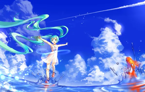 The sky, water, girl, clouds, squirt, fish, anime, art