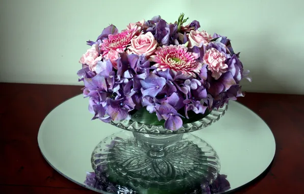 Picture flowers, roses, vase, gerbera, hydrangeas, clove