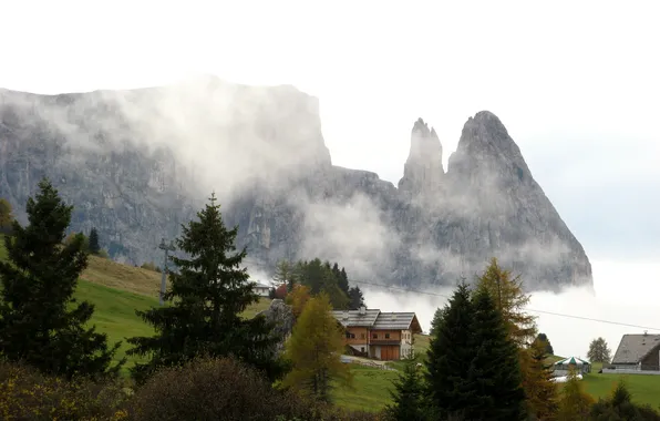 Trees, mountains, fog, slope, Italy, houses