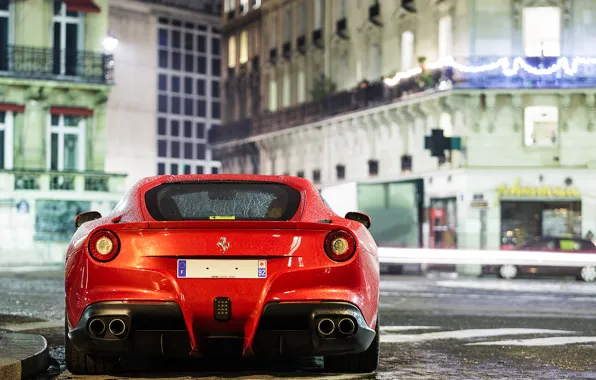Night, red, rain, street, building, Ferrari, red, Ferrari