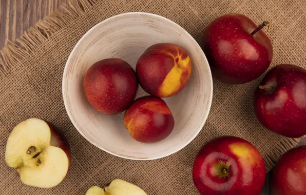 Apples, red, bowl, peaches, burlap
