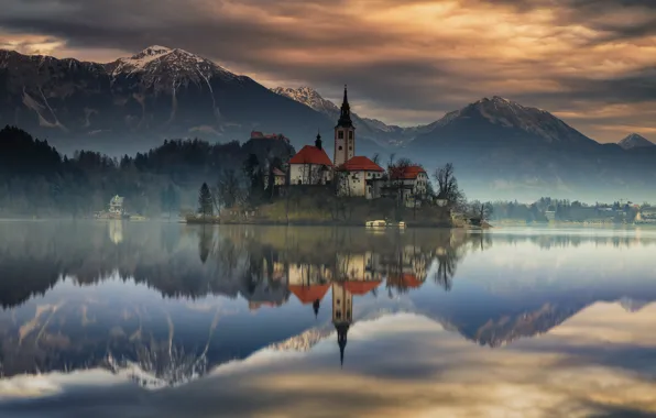 Autumn, mountains, lake, reflection, island, Slovenia, Lake Bled, Slovenia