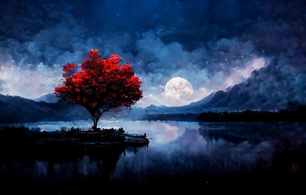 Picture moon, landscape, night, tree