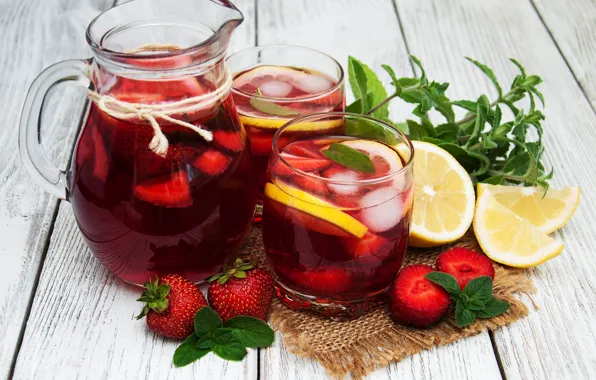 Berries, lemon, glasses, drink, pitcher, lemonade, ice cubes, Olena Rudo