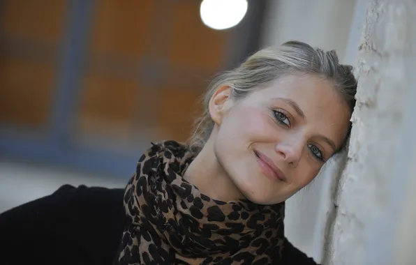 Look, smile, wall, portrait, actress, blonde, bokeh, Melanie Laurent