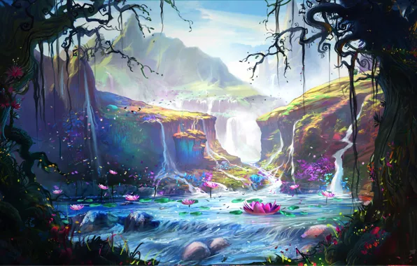 Mountains, Lake, Trees, Forest, Fantasy, Landscape, Fiction, River