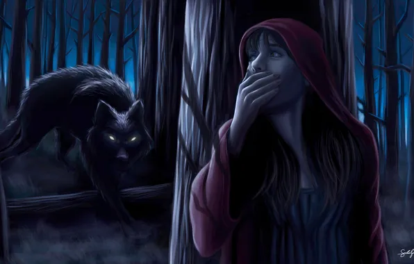 Picture forest, girl, wolf, tale, little red riding hood, art, Illustration, Samuel Shin