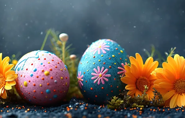 Flowers, eggs, spring, colorful, Easter, happy, flowers, spring