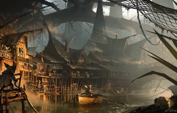 Mesh, boat, creatures, structure, pond