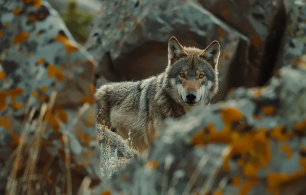 Picture Look, Stones, Wolf, Predator, Digital art, AI art, The Art of Artificial Intelligence, Neural network