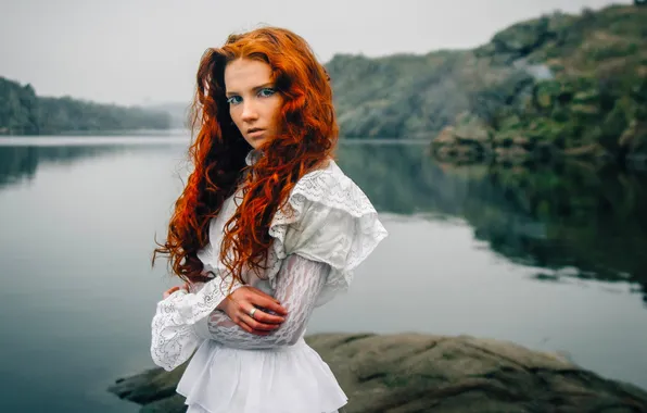 White, water, girl, nature, lake, hair, dress, red