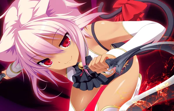 Girl, weapons, magic, art, tail, bow, ears, makita maki