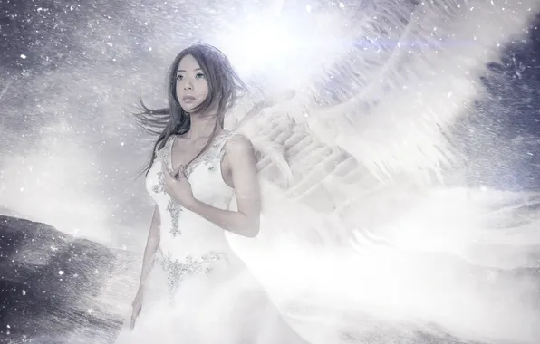 Picture look, girl, face, hair, wings, angel, Asian, white dress