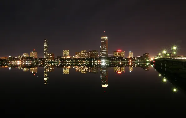 Water, night, bridge, the city, lights, home, skyscrapers, boston