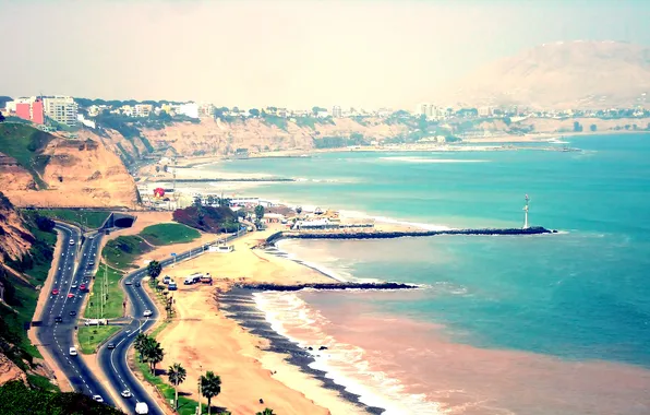 Picture sea, machine, the city, palm trees, coast, road, beach. home