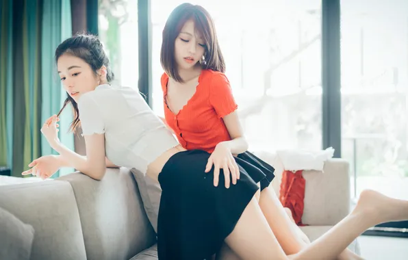 Beautiful, Asian, Model, Women, Sofa, Pretty, Skirt, Indoor