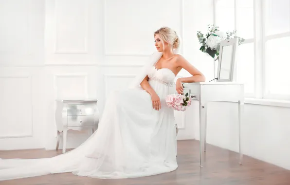 Flowers, pose, room, bouquet, makeup, dress, mirror, window