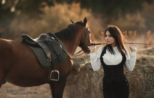 Look, girl, nature, pose, horse, horse, hands, makeup